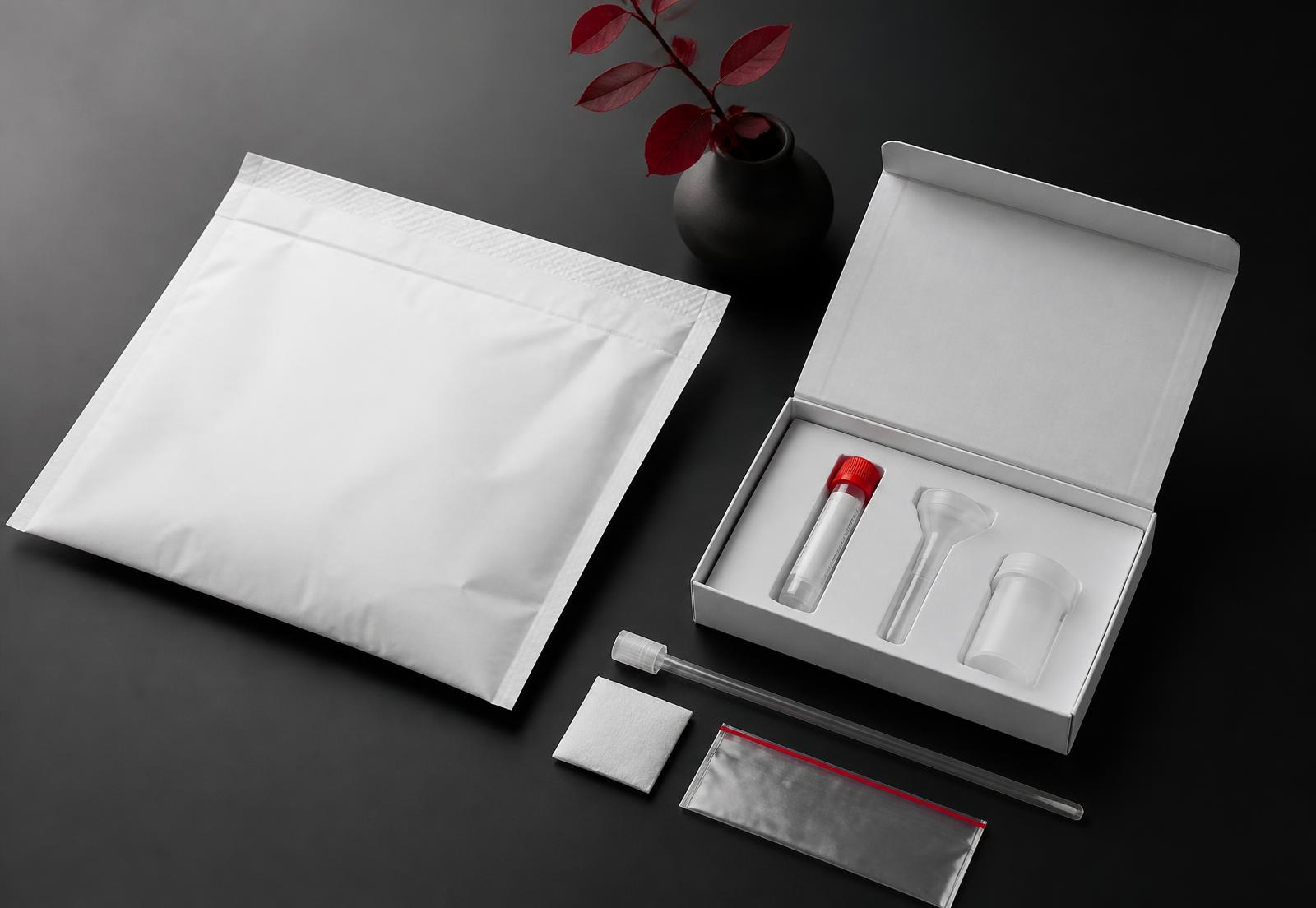 Unbranded discreet shipping mailer alongside an at-home sample collection kit