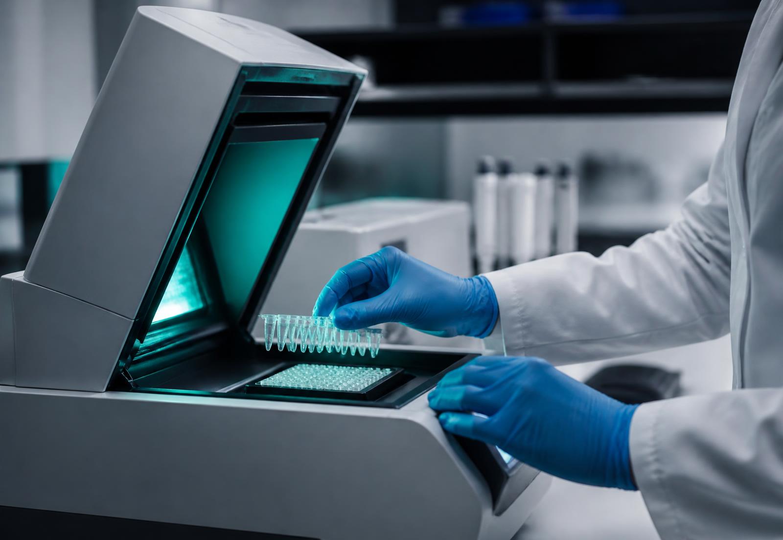 Laboratory scientist loading sample tubes into a real-time PCR thermal cycler